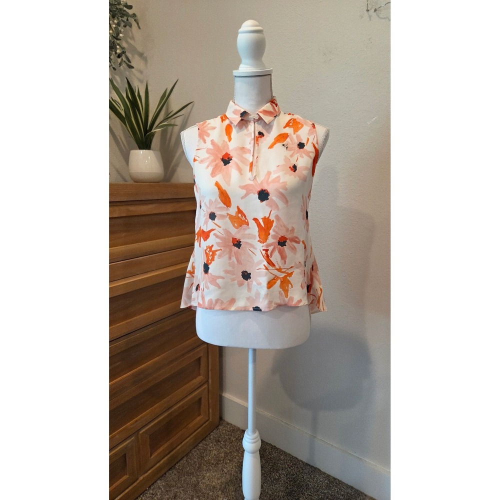 Theory Silk Floral Sleeveless Blouse Peplum Orange Pink Summer Spring Small - Picture 10 of 11